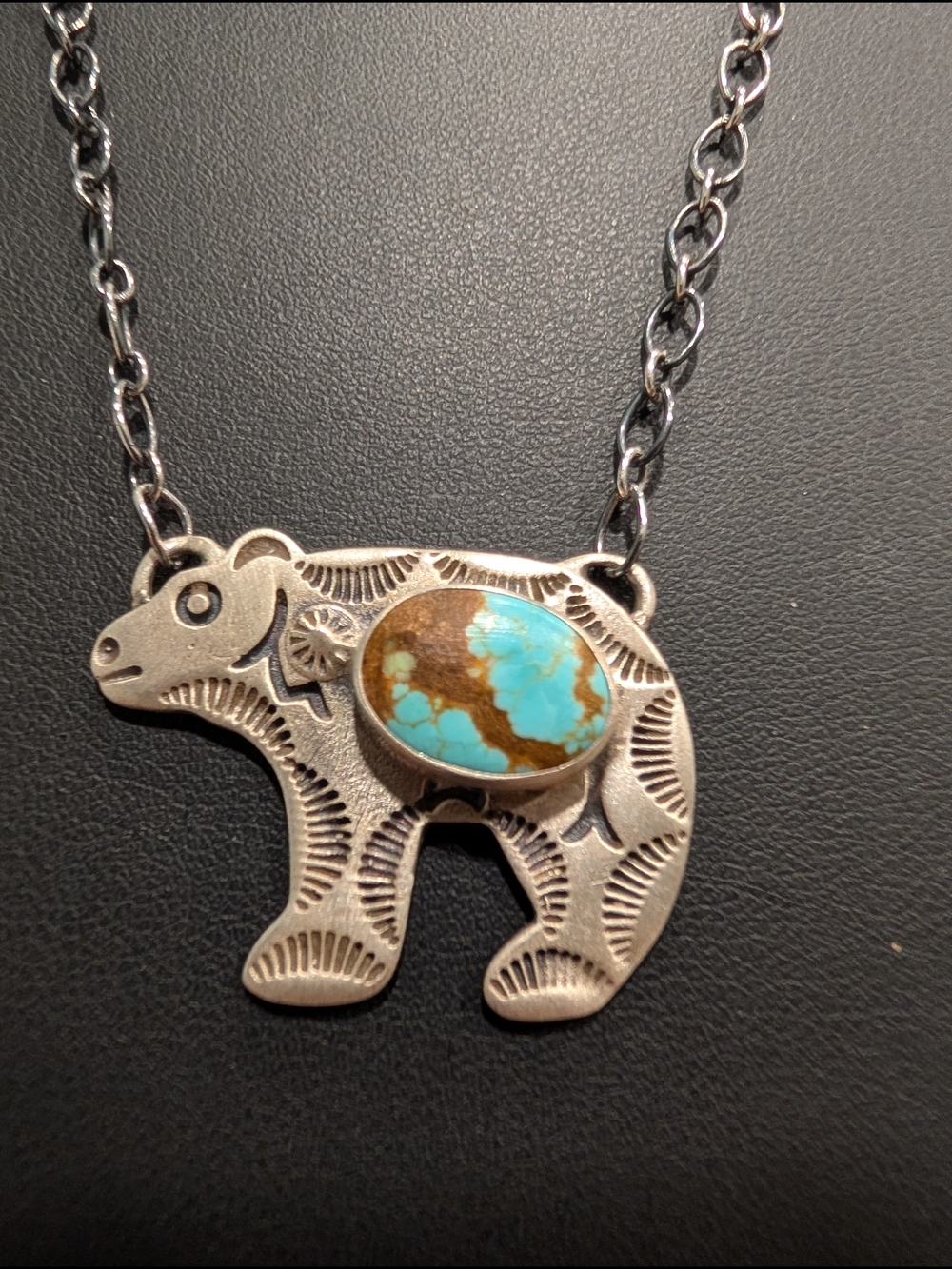 Bear Pendant Necklace with Turquoise Stone - Sterling Silver